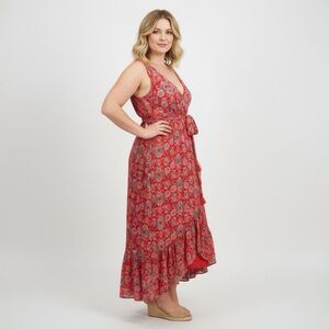 Red Paisley Floral Beach Maxi Dress Deep V Neck Belted Wrap Soft Lightweight